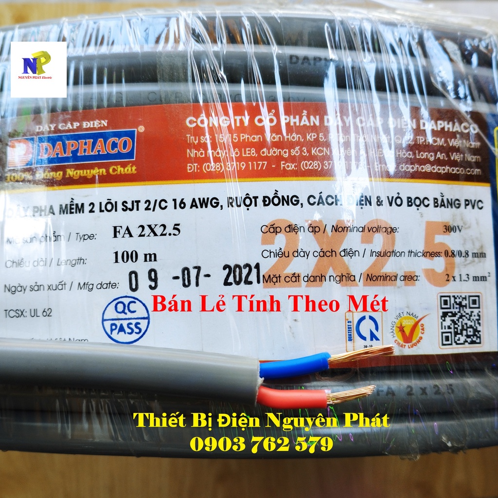 Dây điện đôi 2x2.5 - lẻ 01 mét dây pha tròn xám 2 lớp vỏ bọc pvc