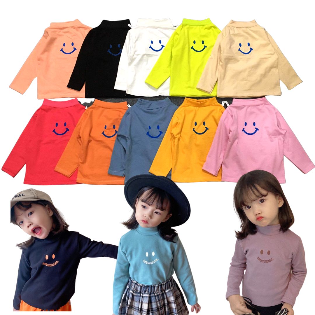 Áo dài tay cổ 3 phân/ cổ lọ họa tiết mặt cười đáng yêu cho bé trai/gái 7-20kg