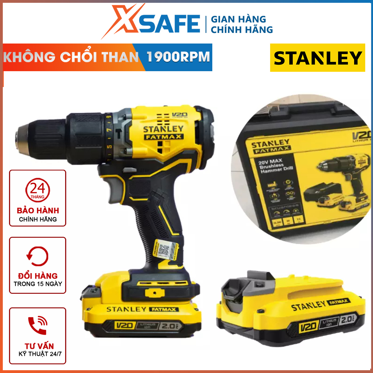 Máy khoan động lực không chổi than Stanley SBD715D2K-B1 dùng pin 20V tặng kèm 2 pin 1 sạc công nghệ mới của Stanley cực mạnh và gọn gàng BH 24 THÁNG