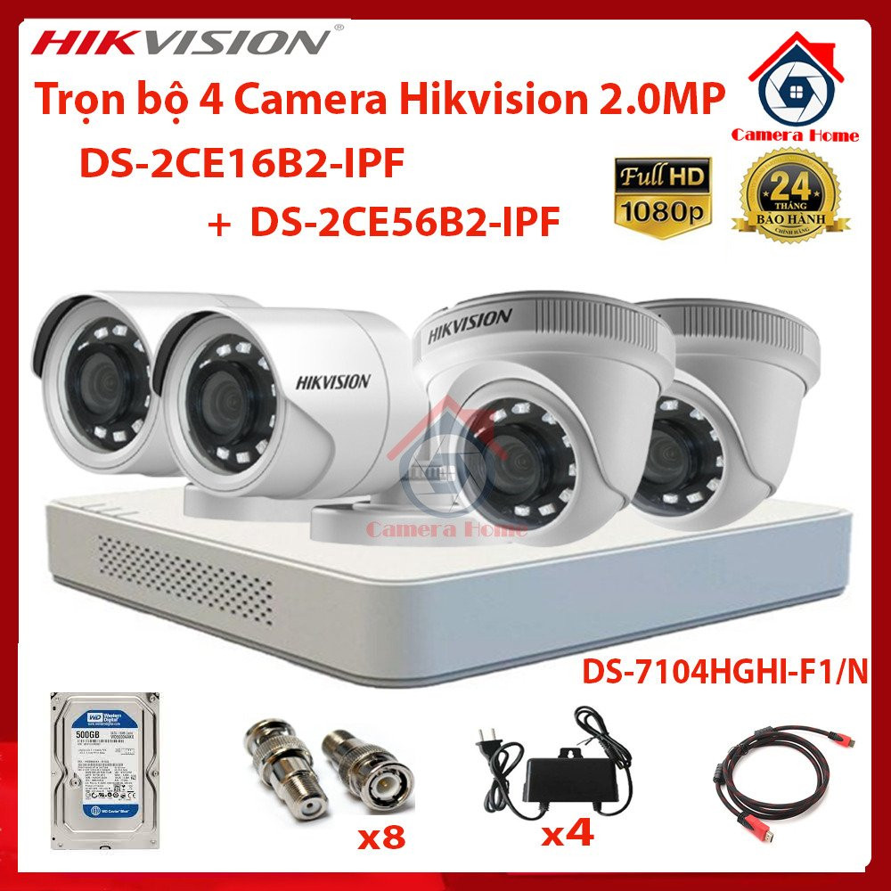Trọn bộ 4 mắt camera hikvision ds-2ce56b2-ipf + ds-2ce16b2-ipf + đầu ghi ds-7104hghi-f1/n + ổ cứng 500gb - camera home