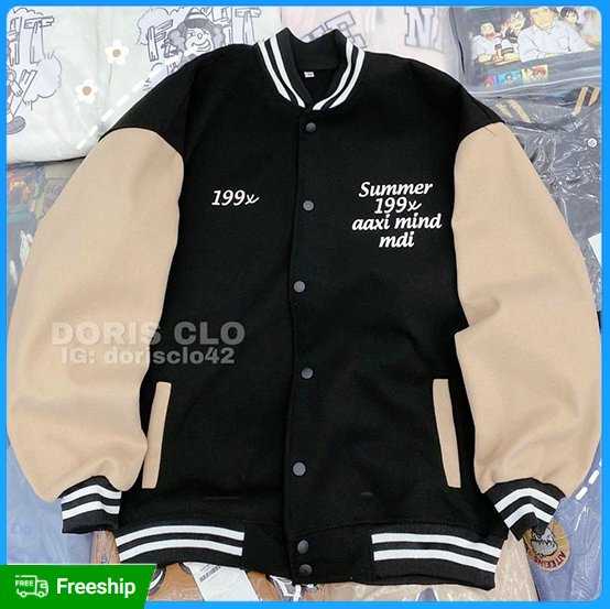 Áo Khoác Nam Nữ Nút Cài In Chữ 199x Màu Đen Phối Tay Màu, Áo Khoác Nỉ PE Dày Dặn Chống Nắng