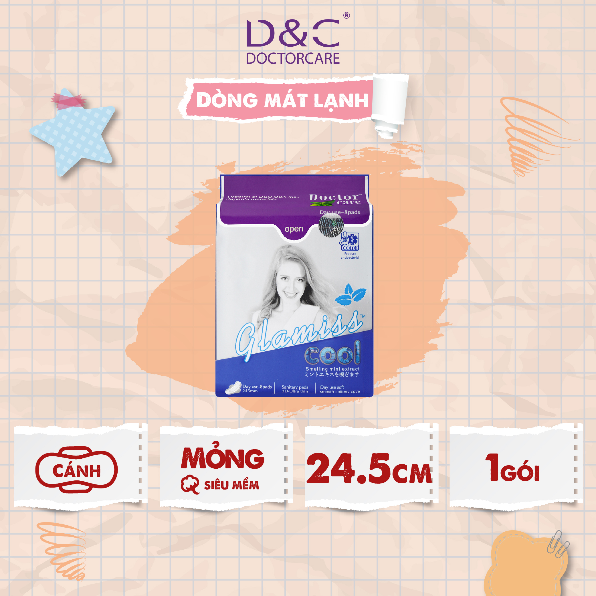 Băng vệ sinh thảo dược Glamiss Cool ban ngày 24cm siêu mát lạnh đến không ngờ, băng vệ sinh nguyên liệu từ thiên nhiên xuất xứ Nhật Bản, Đài Loan