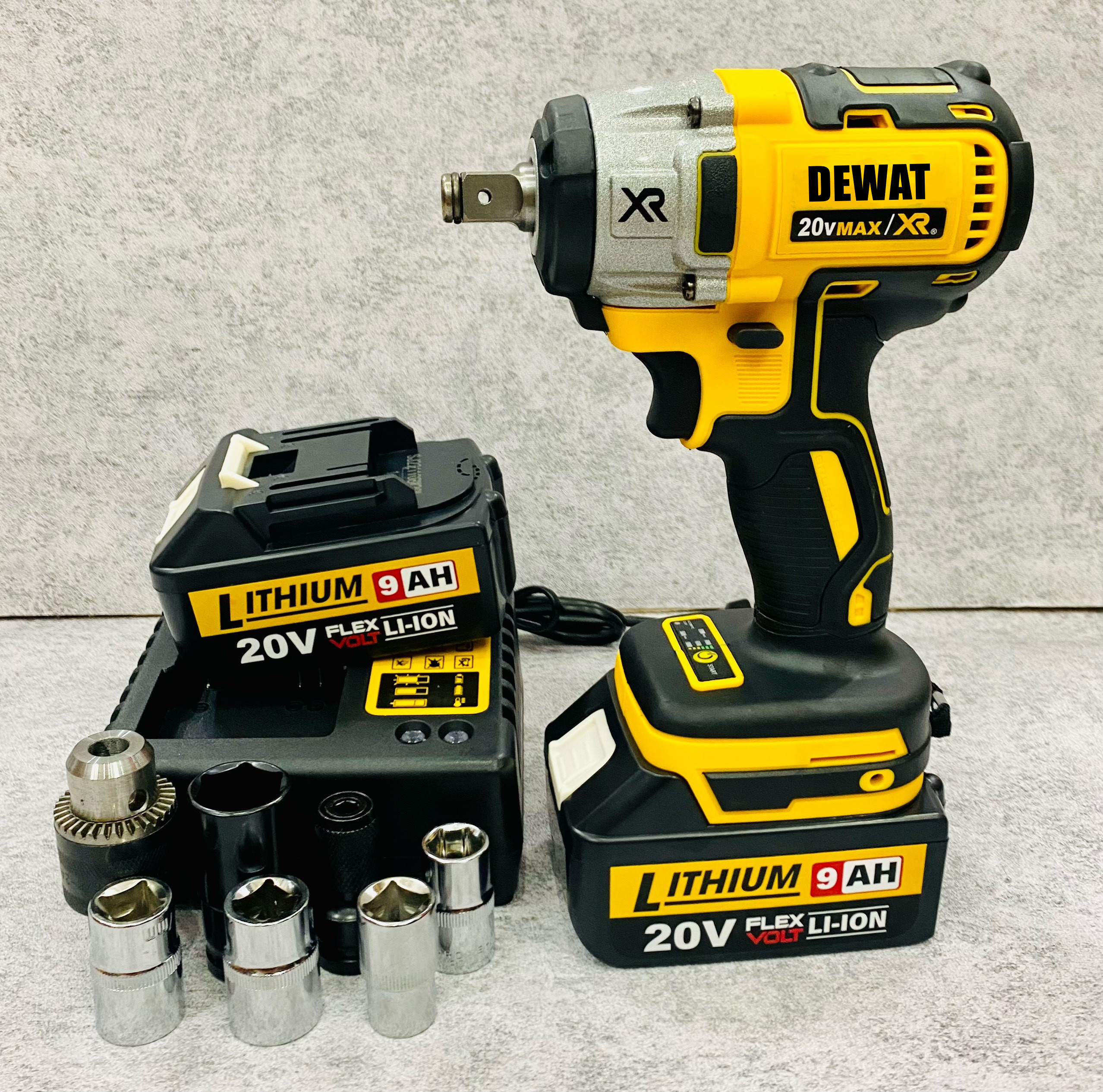 Máy siết bulong dùng pin động cơ không chổi than DEWAT 550NM , Tặng kèm 1 đầu chuyển bulong sang khoan + 1 đầu chuyển bắt vít + 5 đầu khẩu