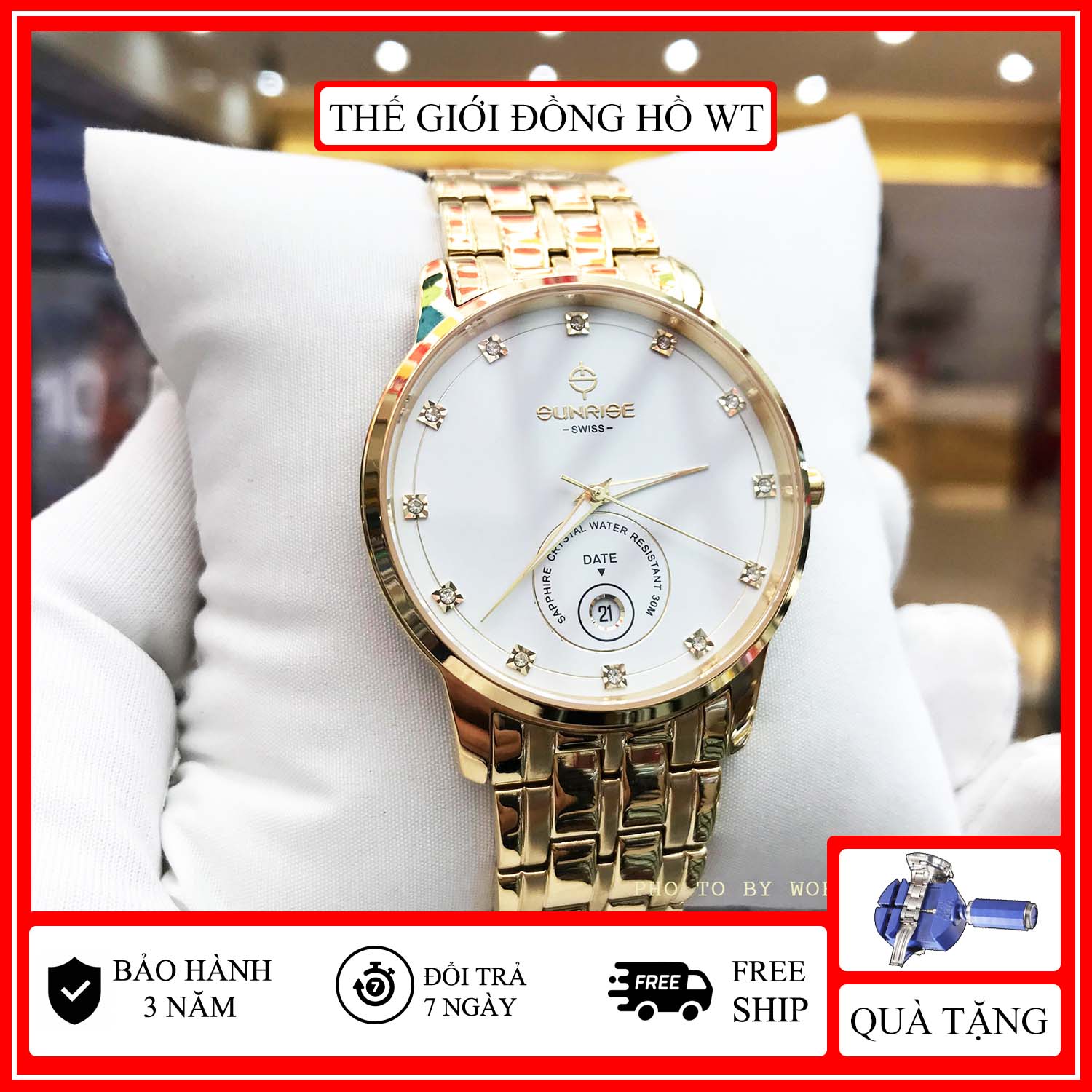 Đồng Hồ Nam Sunrise 1138SA W Hộp Sunrise, Thẻ Bảo Hành, Kính Sapphire Chống Xước, Chống Nước, Dây Thép Vàng