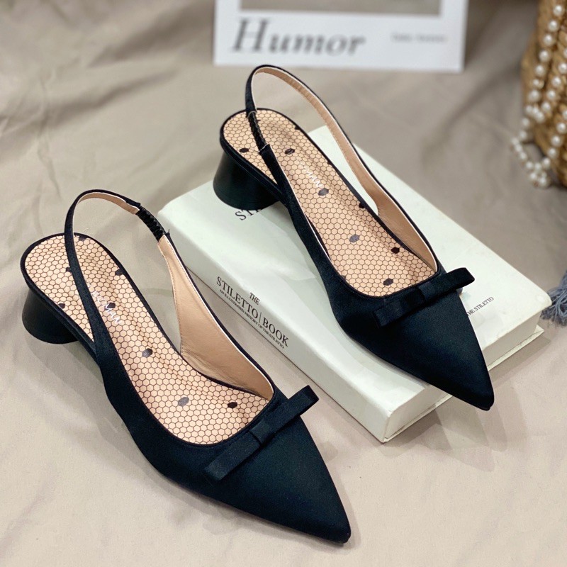 Giày cao gót nữ giày slingback mũi nhọn nơ 3cm có thêm bigsize 40 41 42 cho nàng ngoại cỡ