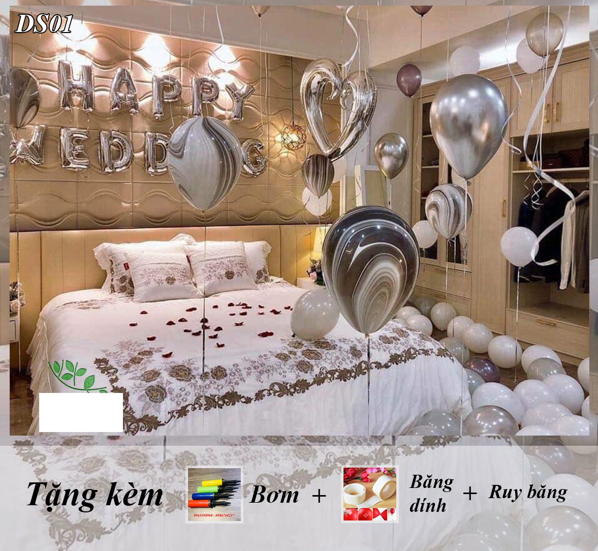 Bộ bóng bay trang trí phòng cưới, đám cưới tông bạc sang trọng