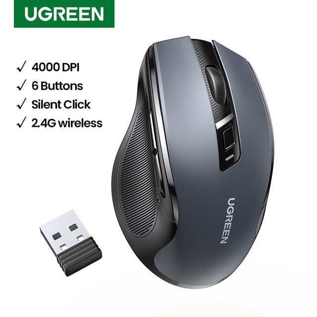 Ugreen chuột không dây 6 nút im lặng 5 cấp độ 4000dpi 2.4g kết nối usb mini 50945, bảo hành 18 tháng