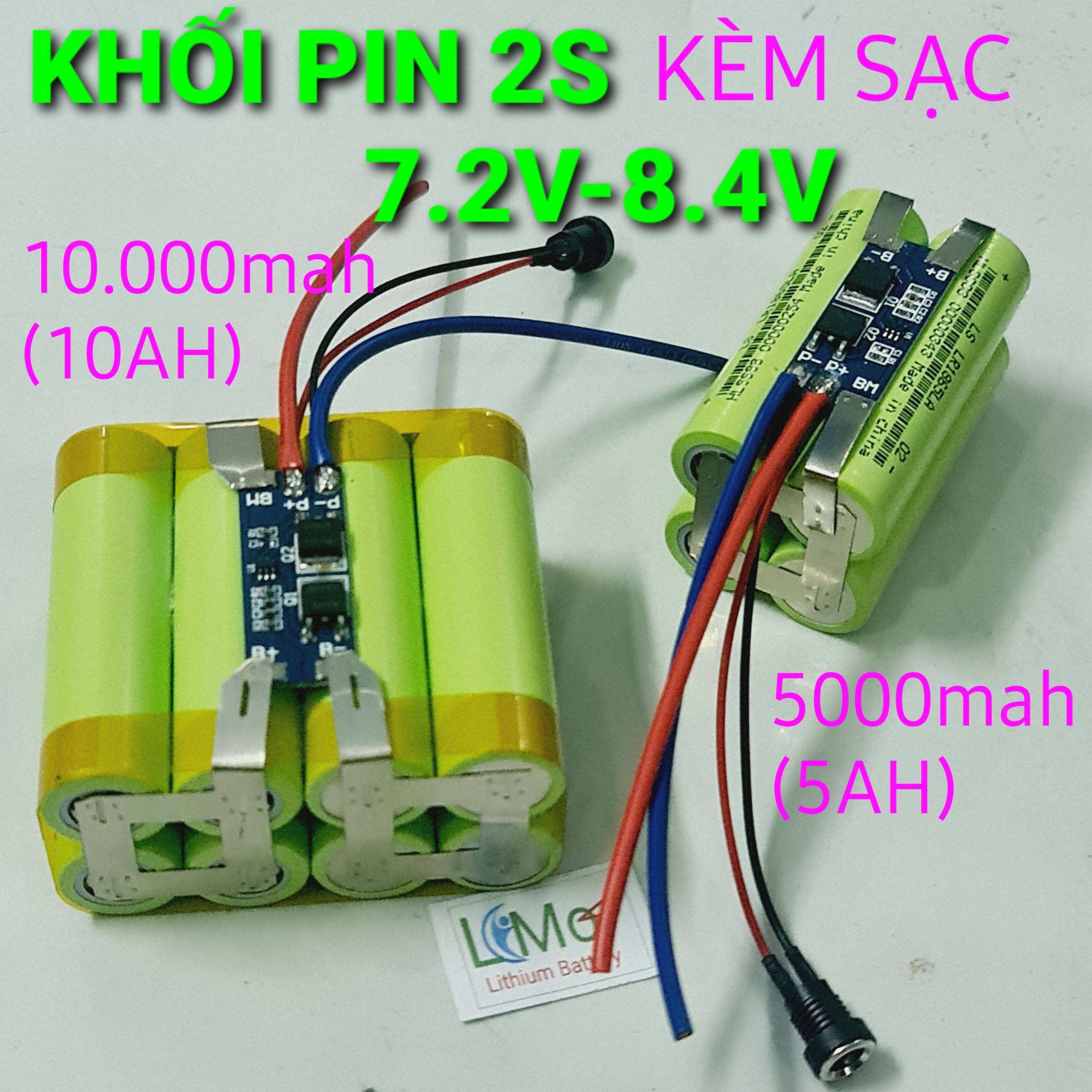 Khối pin 2S 7.2V - 8.4V đóng sẵn. Dung lượng 5AH và 10AH (Có kèm sạc 2S 8.4V 1A). Khối pin 2S xả cao có mạch bảo vệ 2S và được bọc bảo vệ đầy đủ - LIMO