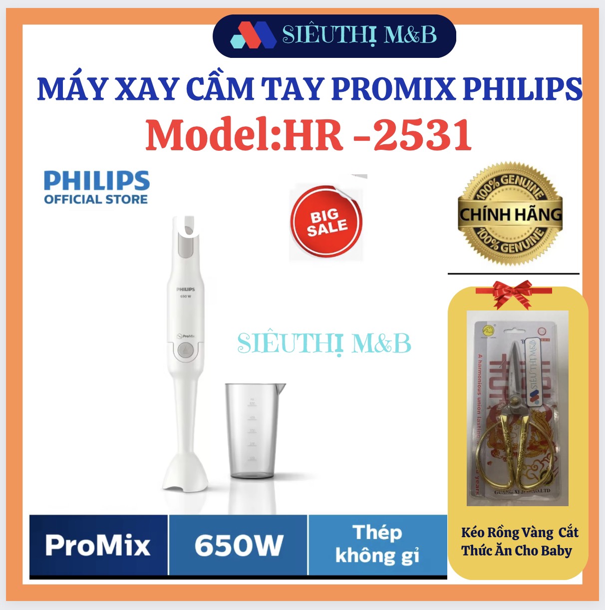 Máy xay cầm tay promix philips hr2531 bảo hành 12 tháng.cây xây inox.hang chính hãng philips