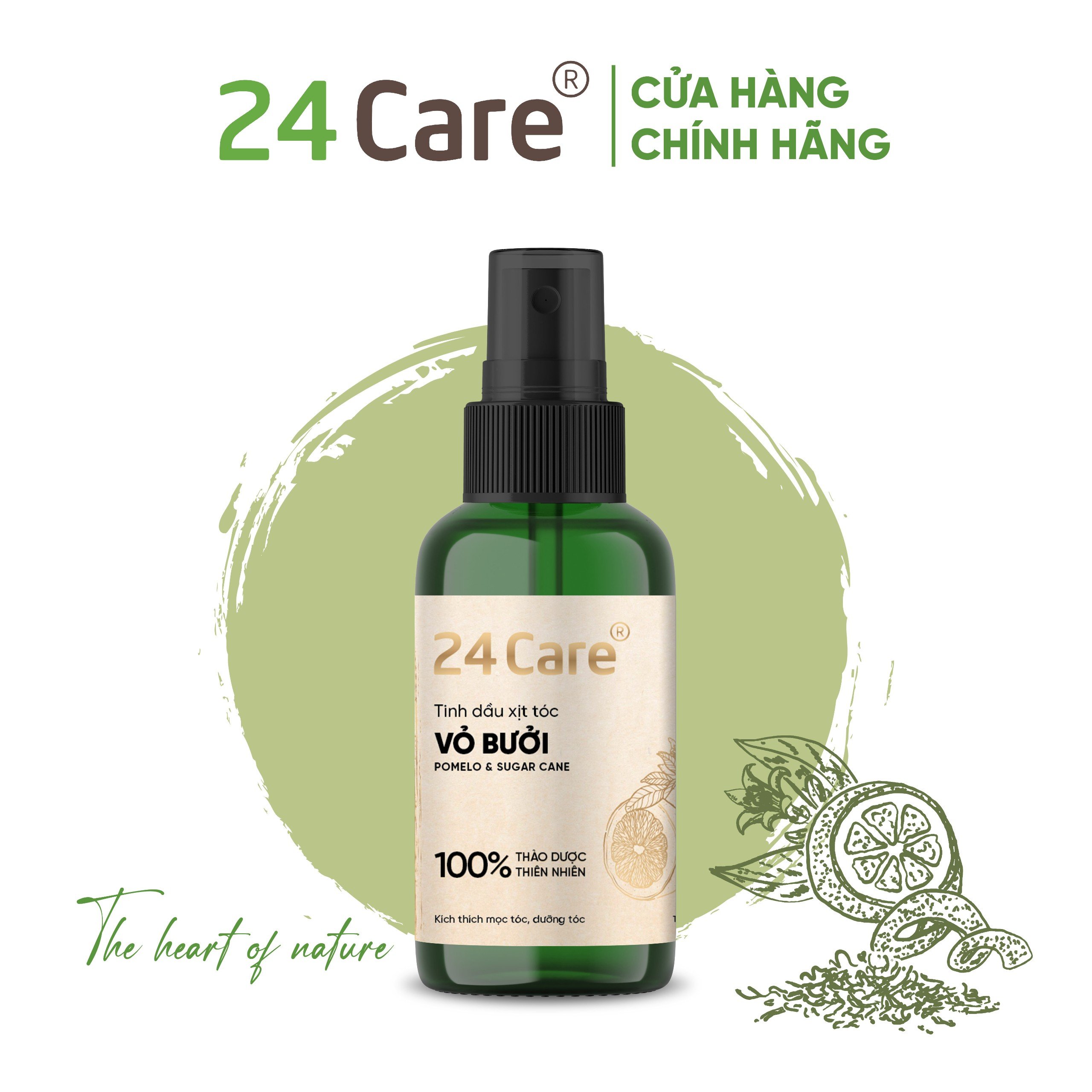 Tinh chất mọc tóc dạng xịt chiết xuất từ Tinh dầu Vỏ bưởi/ Hoa anh đào 24Care 50ML - Xịt tóc tinh dầu thiên nhiên hữu cơ, cho tóc dày mượt và ngăn ngừa gãy rụng