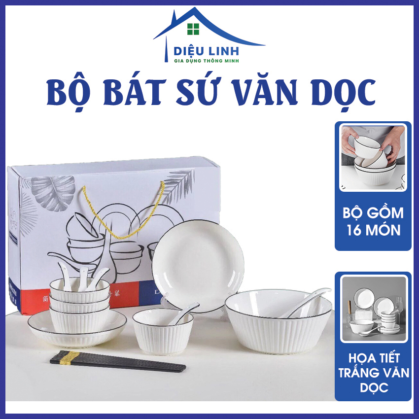 Chén bát, Set bát sứ 16 chi tiết văn dọc, Bộ chén bát sứ ăn cơm họa tiết trắng viền đen đơn giản sang trọng Dieulinhshop