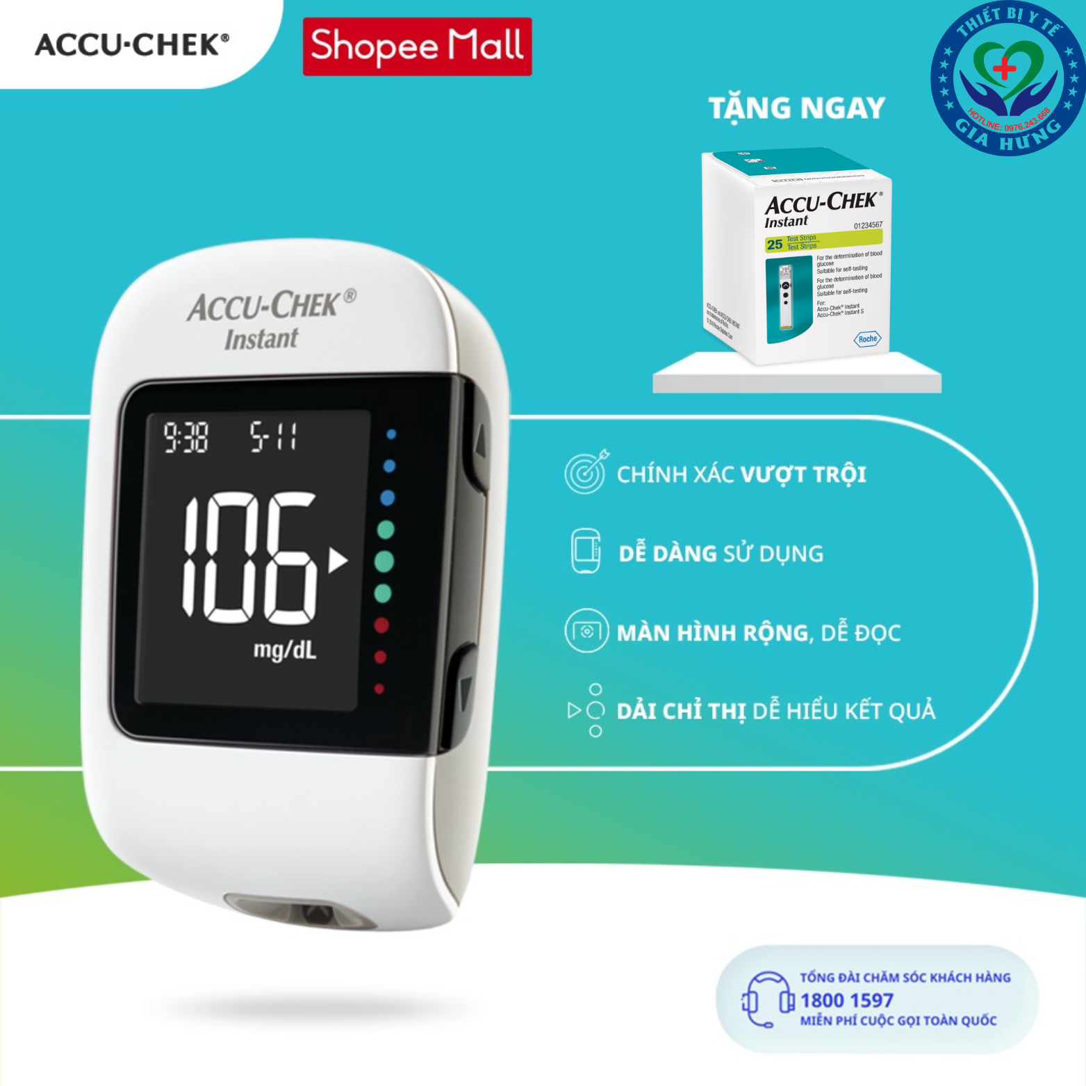 Máy đo đường huyết Accu-Chek Instant + Hộp 25 que thử và 10 kim chích