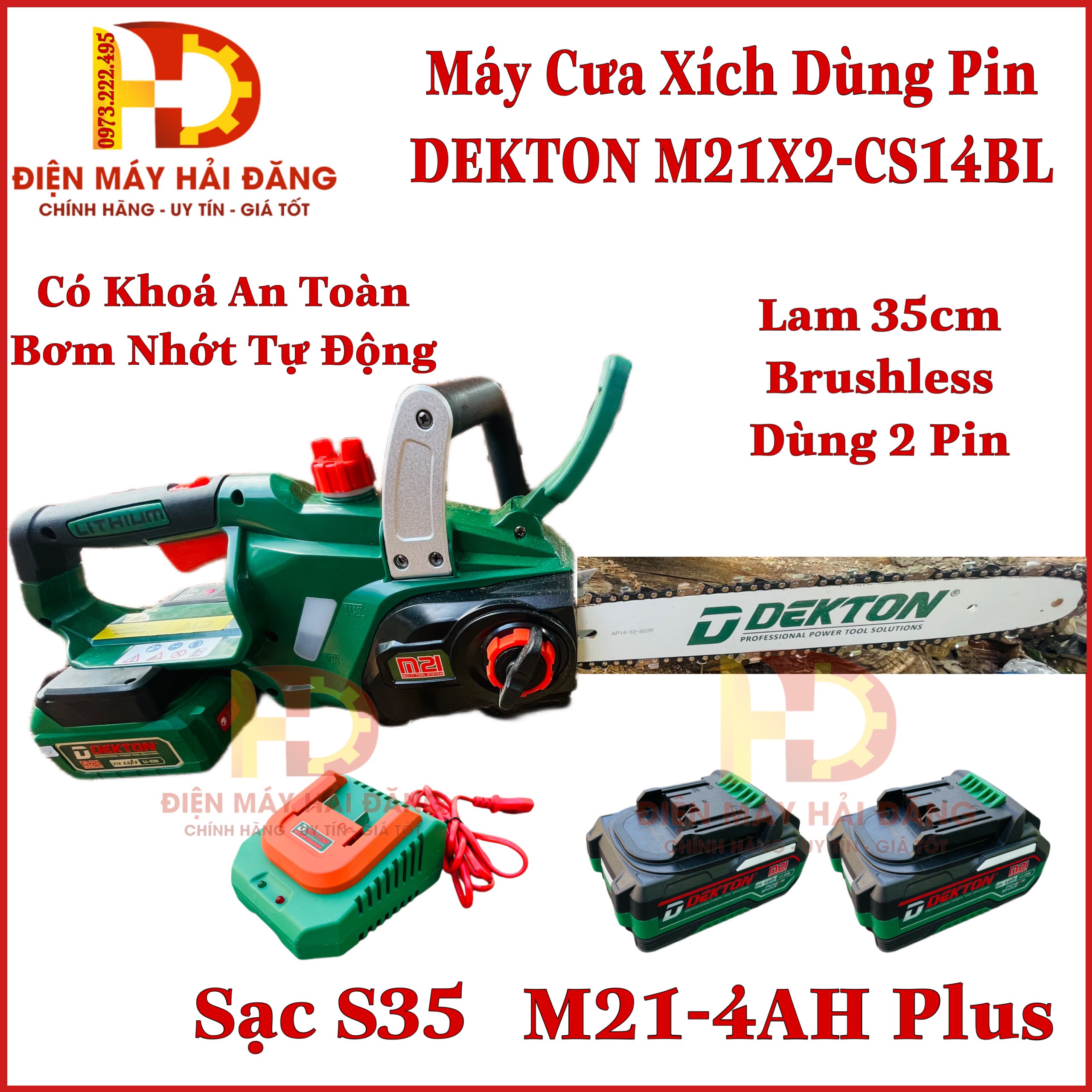 Máy cưa xích dùng pin DekTon M21x2-CS14BL 42V - Lam 35cm - Bơm nhớt Tự Động - Motor Brushless - Dùng 2 Pin 21V và Sạc Chính Hãng DEKTON
