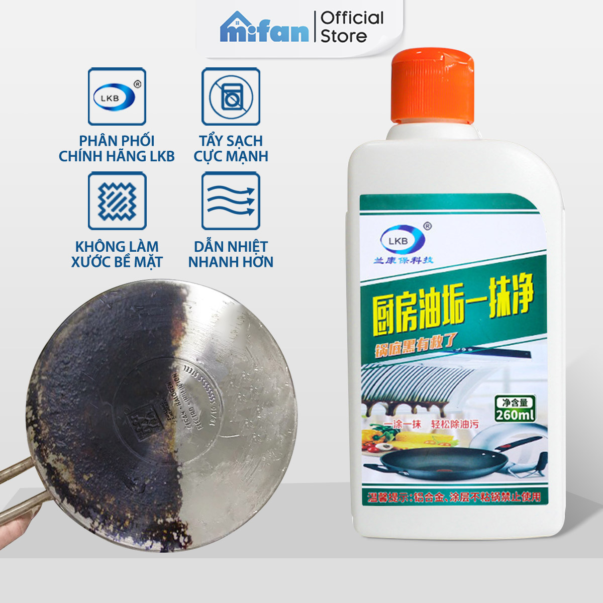 Dung Dịch Vệ Sinh Đáy Nồi LKB 260ml - Tẩy rửa cặn nhọ loại bỏ dễ dàng vết đen bám lâu ngày trên nồi niêu xoong chảo bếp gạch men lò vi sóng