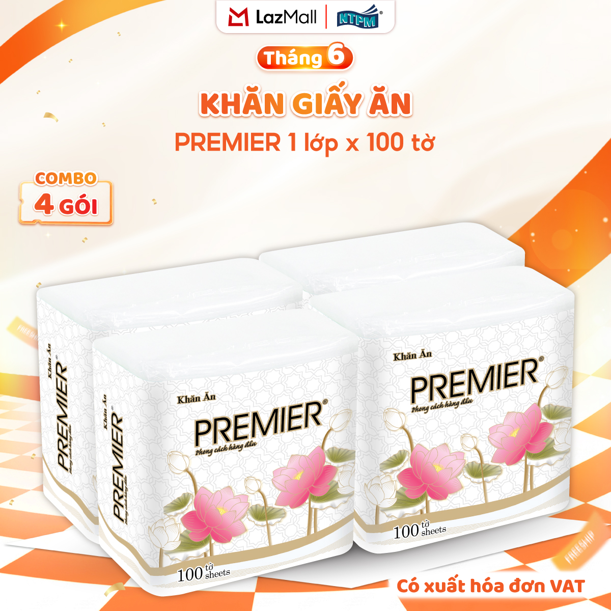 [COMBO 4 GÓI] Khăn giấy ăn Premier, 1 lớp - 100% bột giấy nguyên sinh, không chất tẩy, 100 tờ/gói - Chính hãng