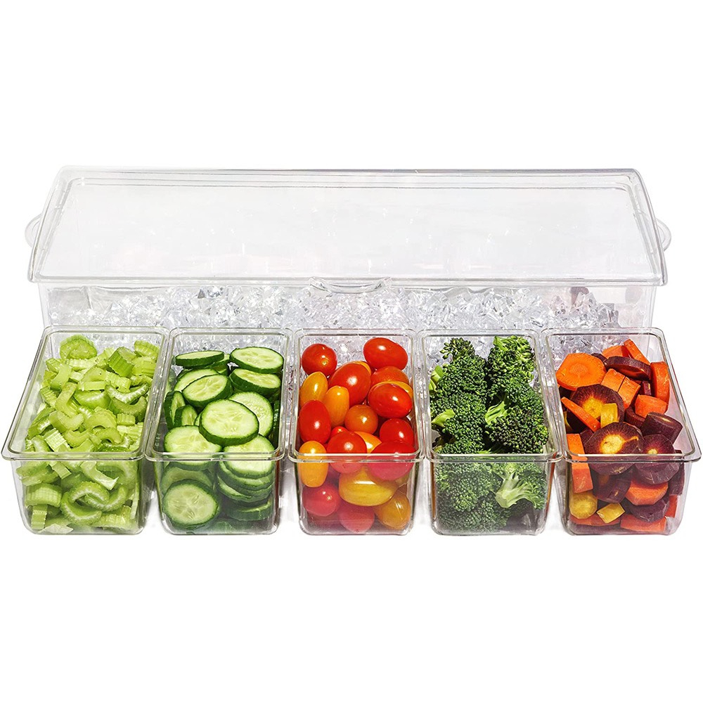 Khay đựng topping, gia vị có ngăn để đá bằng nhựa trong suốt