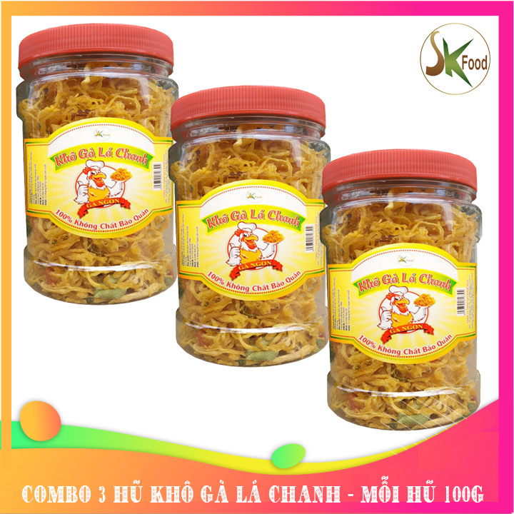 COMBO 3 HŨ KHÔ GÀ LÁ CHANH LOẠI 1 BAO NGON HIỆU SK FOOD- MỖI HŨ 100G HSD 6 THÁNG