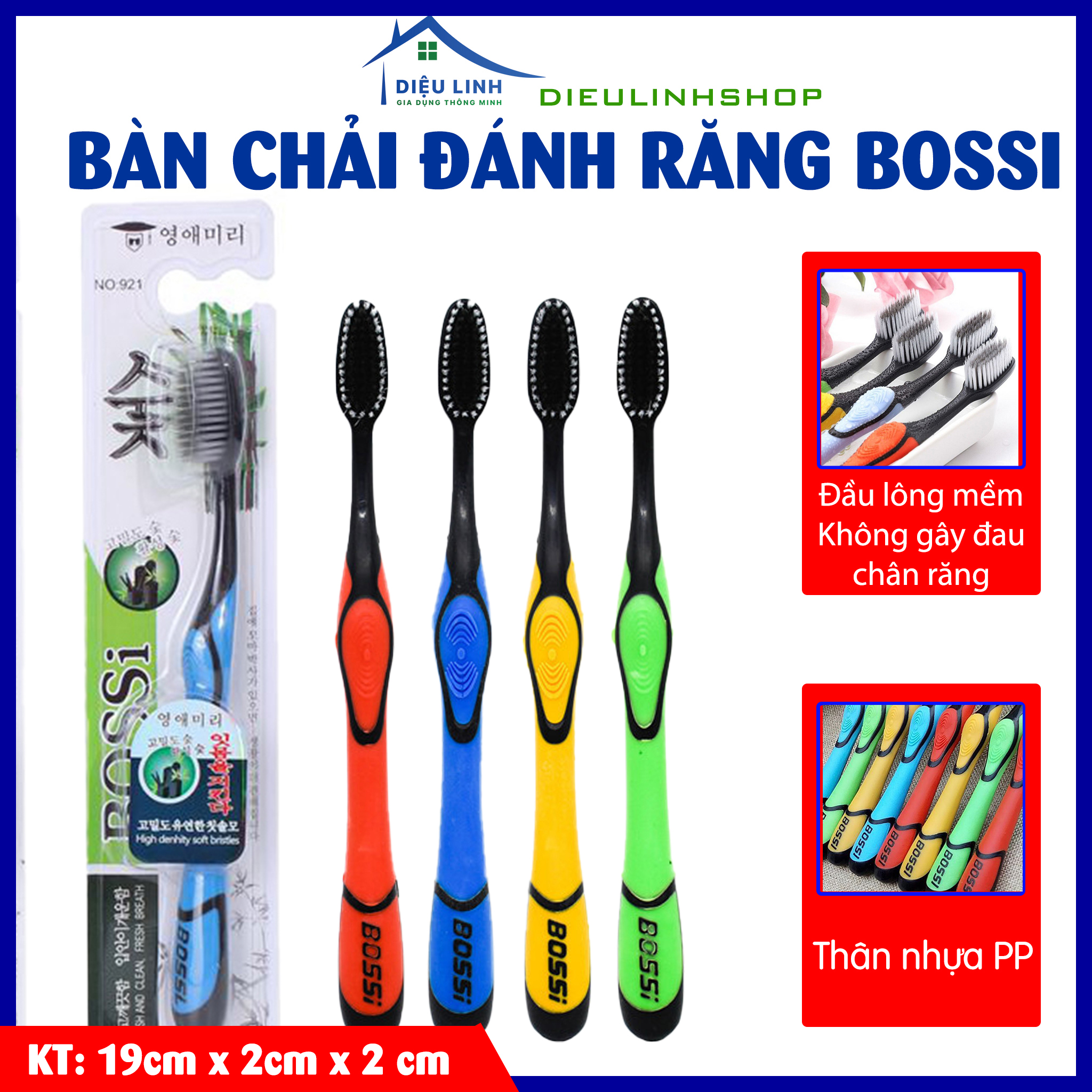 Bàn Chải Than Tre Hàn Quốc Bossi Lông Siêu Mềm, lông mềm màu đen