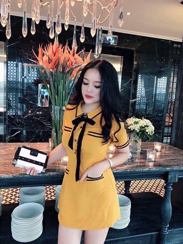 Đầm nữ cao cấp phối nơ cổ sơ mi pu11