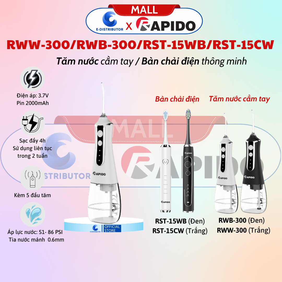 Máy Tăm Nước Cầm Tay Rapido RWW-300 (Trắng) / RWB-300 (Đen) - Bàn Chải Điện Rapido RST-15CW (Trắng) / RST-15CWB (Đen) - Hàng Chính Hãng - Bảo Hành 12 Tháng