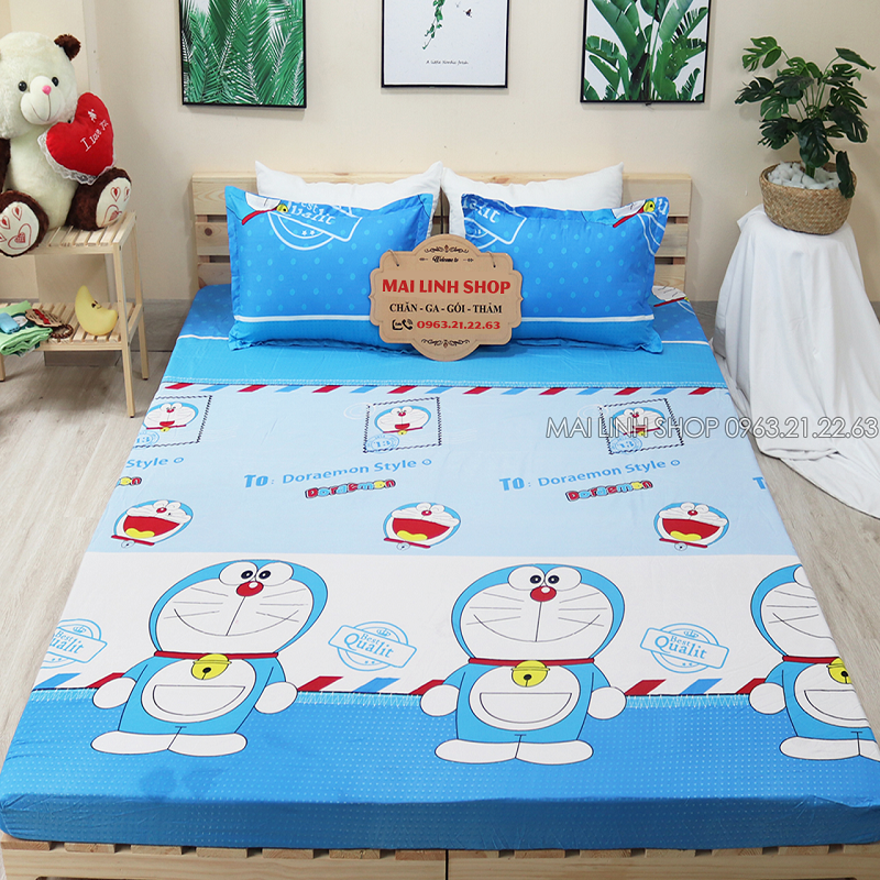 Bộ ga gối cotton poly màu xanh doraemon thư nhiều kích thước m2/m6/m8/2m2