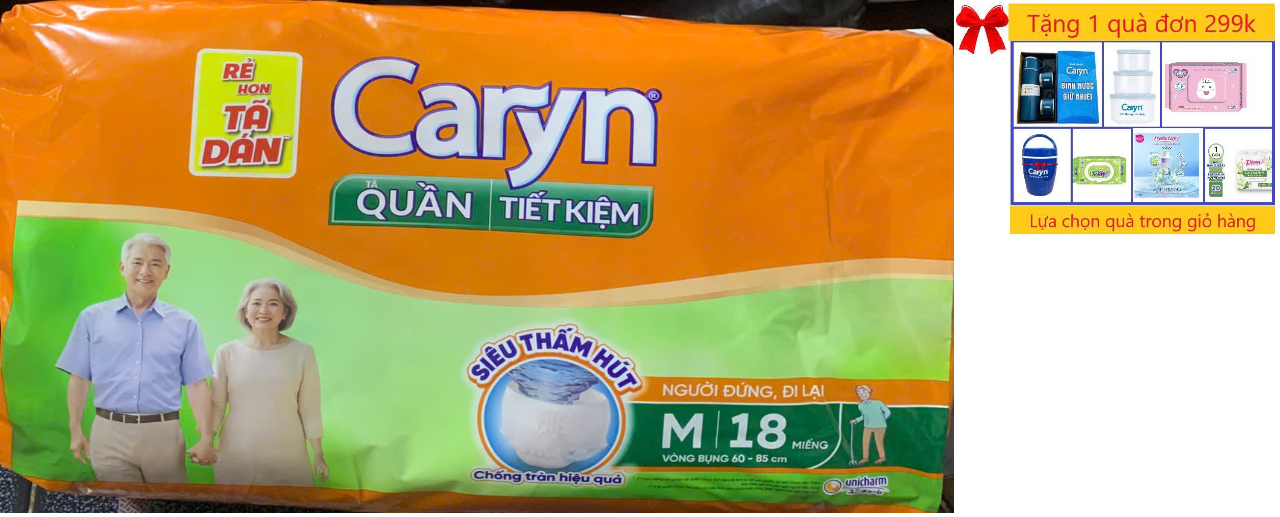 HCM (18 Miếng/Gói) - Sỉ 1 Cây/Thùng 3 Gói Tã Quần Tiết Kiệm Người Lớn Caryn M18 - Vòng Bụng 60-85 cm - Hsd mới
