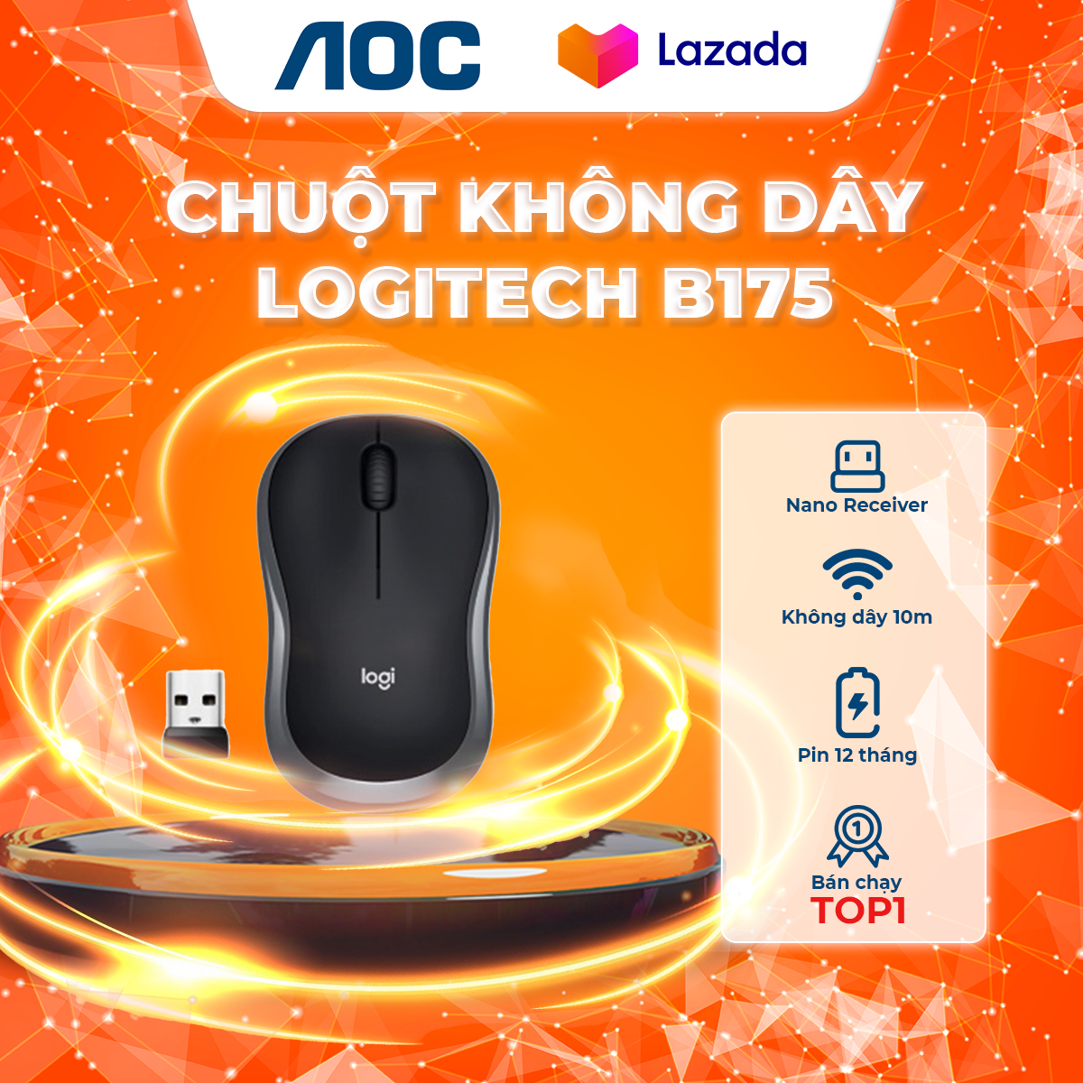Chuột không dây Logitech B175 Wireless USB 2.4Ghz, pin 12 tháng, thuận cả 2 tay, phù hợp PC Laptop
