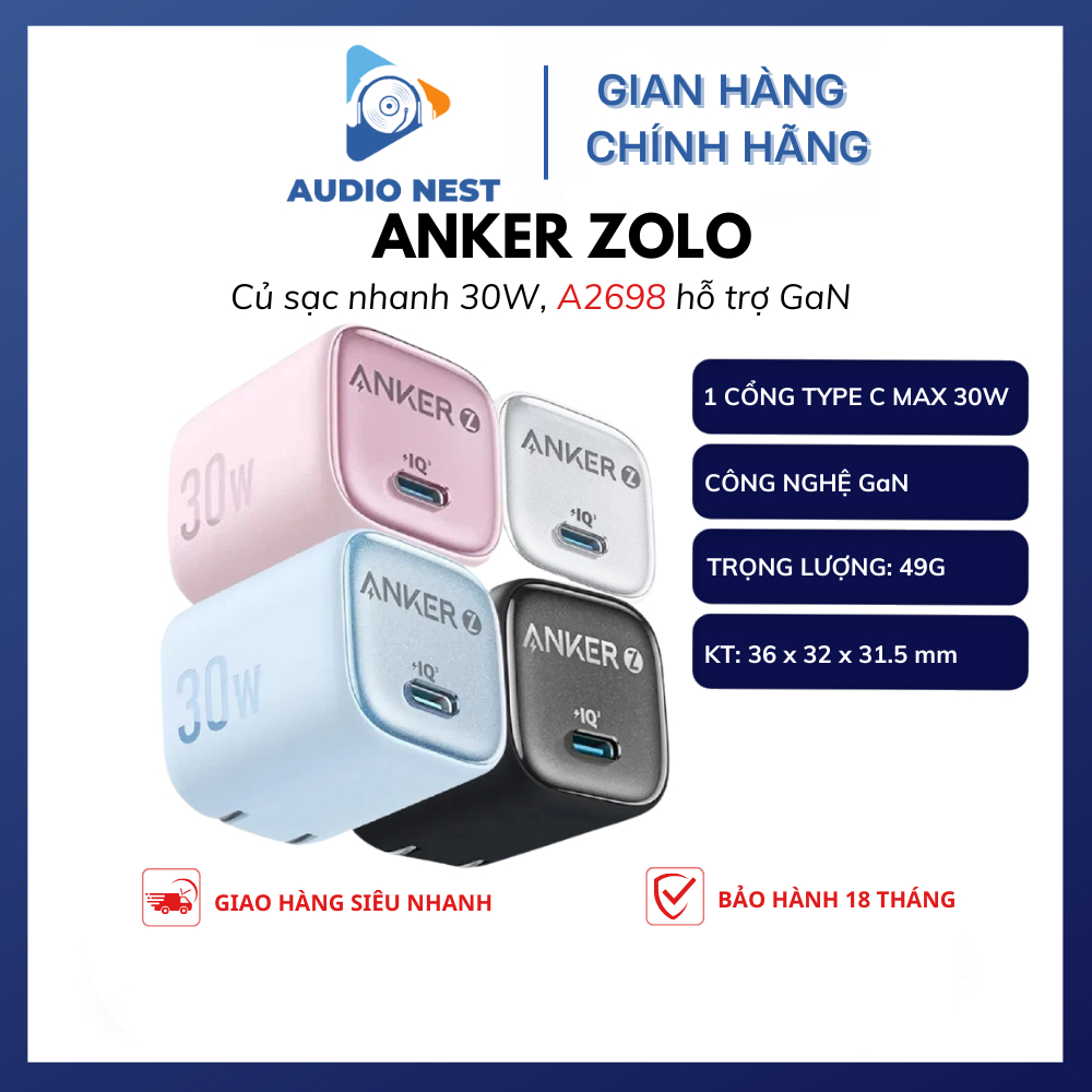Củ Sạc Anker Zolo GaN 20W Type-C PD A2699/ A2698 - Bảo Hành 18 Tháng.