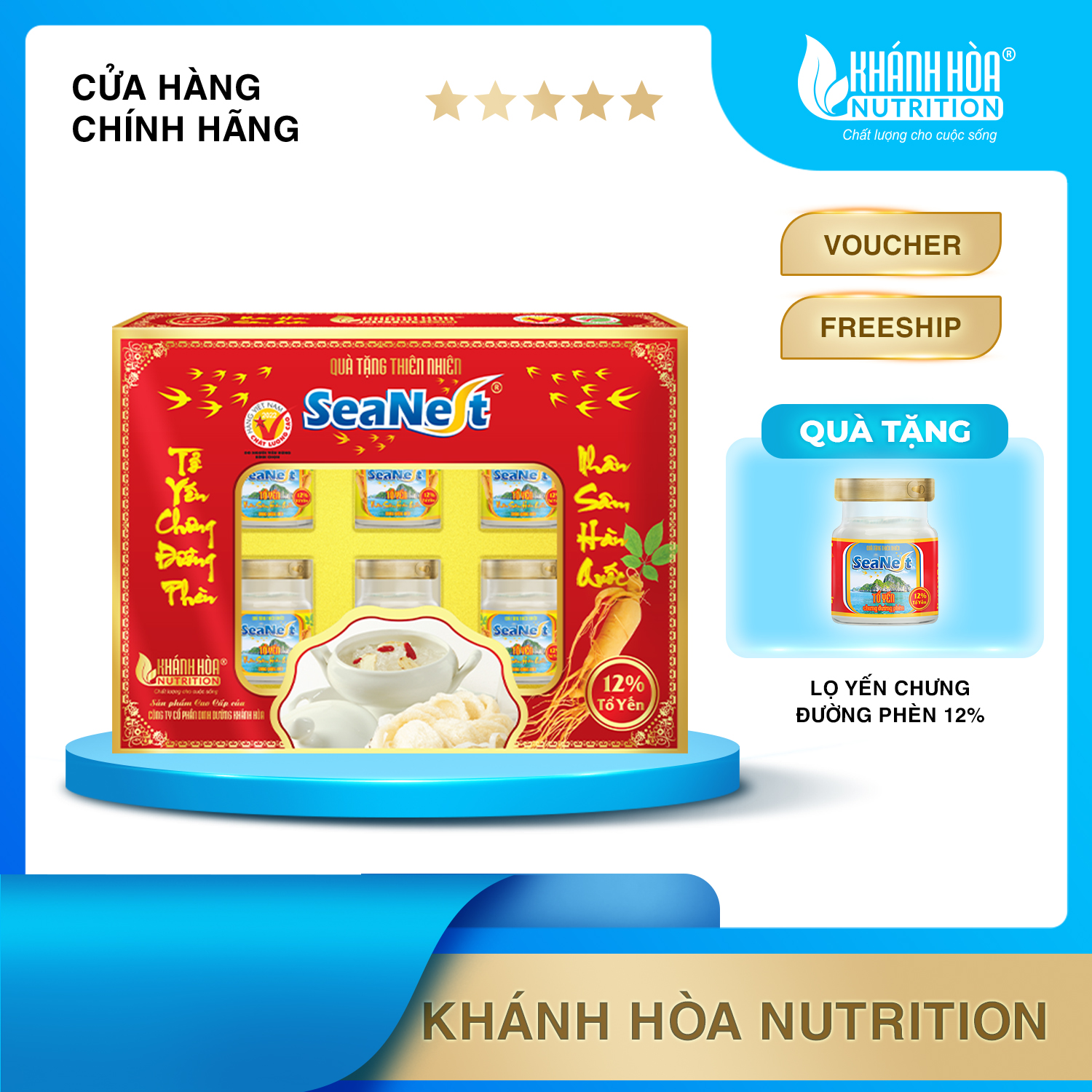 [MUA 1 TẶNG 1 LỌ YẾN] Hộp Quà Nước Yến Sào Chưng Nhân Sâm Hàn Quốc 12% Tổ Yến SeaNest - Khánh Hòa Nutrition - Hộp 6 Lọ x 70 ML