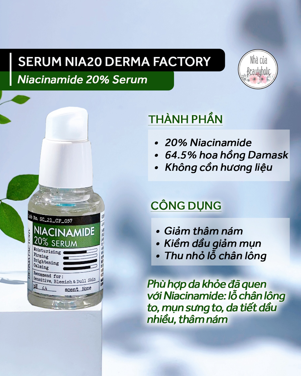 Tinh chất dưỡng trắng giảm dầu derma factory niacinamide 20% serum 30ml