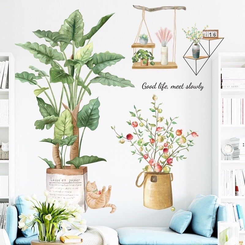 Decal dán tường, tranh dán tường phong cách hàn quốc chậu cây và mèo