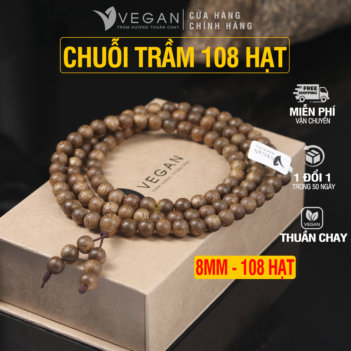Vòng tay Trầm Hương Thuần Chay chuỗi tràng 108 hạt 8mm