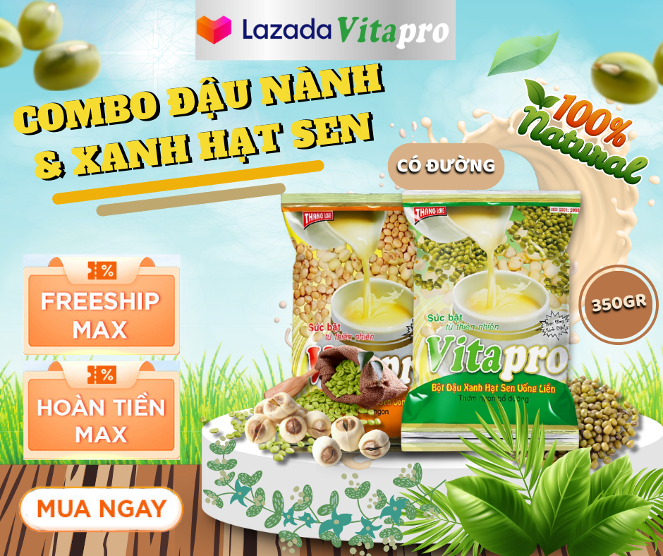 Tiết kiệm hơn khi mua combo bộ đôi bột đậu nành hạt sen và đậu xanh hạt sen 100% nguyên chất phù hợp với mọi tuổi - ngũ cốc vitapro