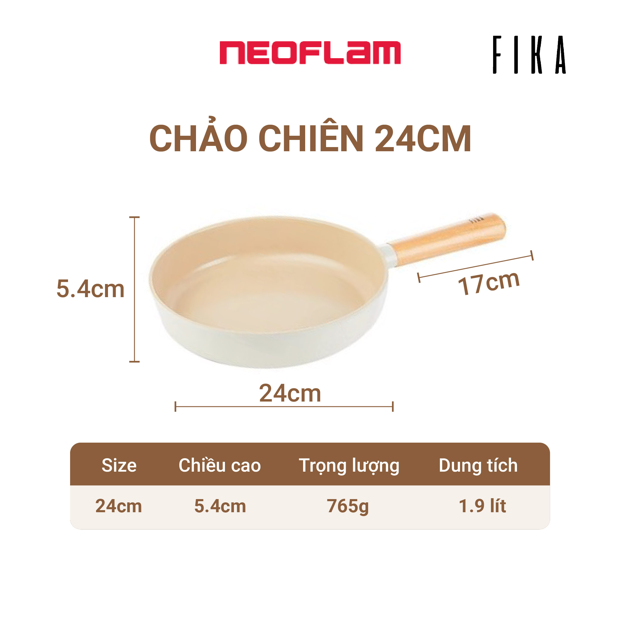 [Hàng chính hãng] Chảo chiên, cạn chống dính, bếp từ Fika Neoflam 24cm. thành cao 5,5cm, dài 41cm (bao gồm cán), khối lượng 765g,  phủ gốm chống dính cả trong, ngoài. Màu trắng ngà. Hàng có sẵn giao ngay.