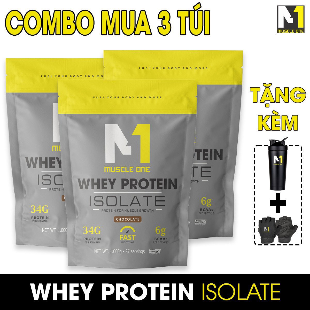  Whey protein isolate MUSCLE ONE tăng cơ giảm mỡ nhanh hiệu quả loại 3kg  combo 3 túi tặng bình lắc + bao tay  