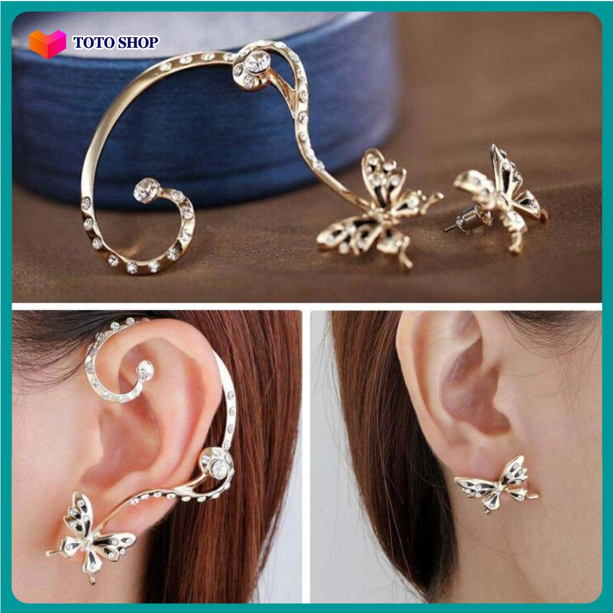 BÔNG TAI BƯỚM ZIRCON 1 ĐÔI CÁCH ĐIỆU ĐEO VÀNH PHONG CÁCH HÀN QUỐC - [ToToShop]
