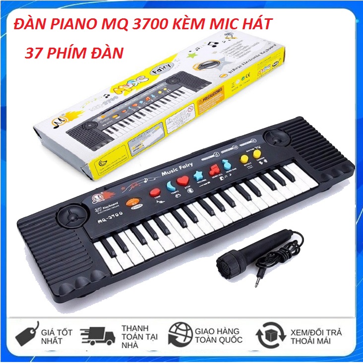 Đàn organ có míc MQ 3700 chất liệu nhựa có 01 loa, sử dụng 04 pin AA 1.5V rất tiện dụng, Bé học đàn tại nhà phát triển tay, trí não ,thuộc bàn phím