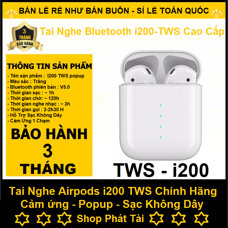 Tai Nghe Bluetooth i200 TWS 5.0, Tai Nghe Bluetooth Có Mic Đàm Thoại, Bluetooth 5.0, Hỗ Trợ Sạc Không Dây, Mở Nắp Kết Nối,Chất âm tốt hơn các tai nghe đời trước i7, i7s, i9, i10, i11, i12, i13, i14, i16, i16pro