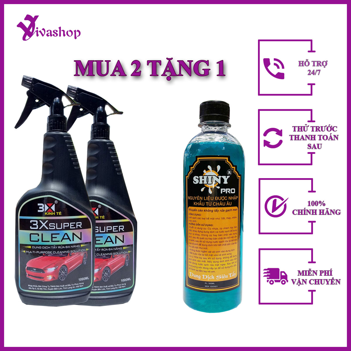 Dung Dịch Tẩy Rửa Xe Máy 3 X Super Clean + Shiny Pro, Tẩy Mọi Vết Bẩn Lâu Năm, ( Mua 2 Chai 3x Super Clean Tặng 1 Chai Shiny Pro)