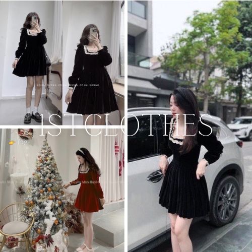 Váy dáng ngắn cổ vuông phối ren chất nhung Váy tiểu thư màu đỏ và đen tôn da sang chảnh 1STCLOTHES