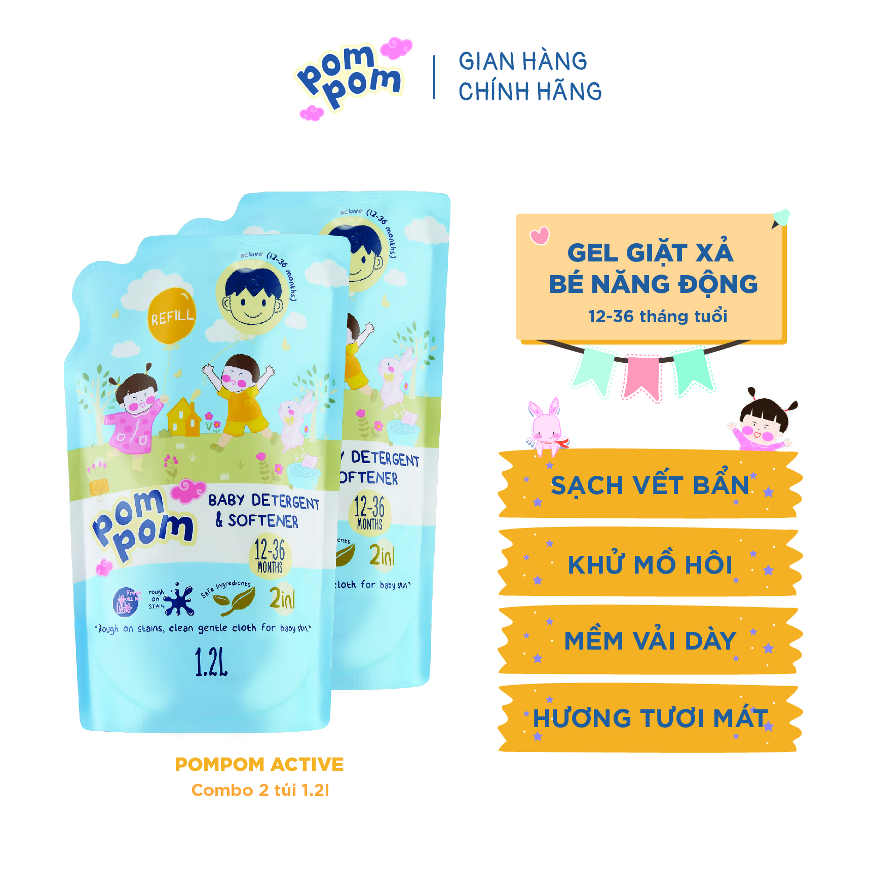 Combo 2 túi 1.2l nước giặt xả quần áo cho bé từ 1- 3 tuổi giữ cho quần áo bé sạch sẽ và mềm mại