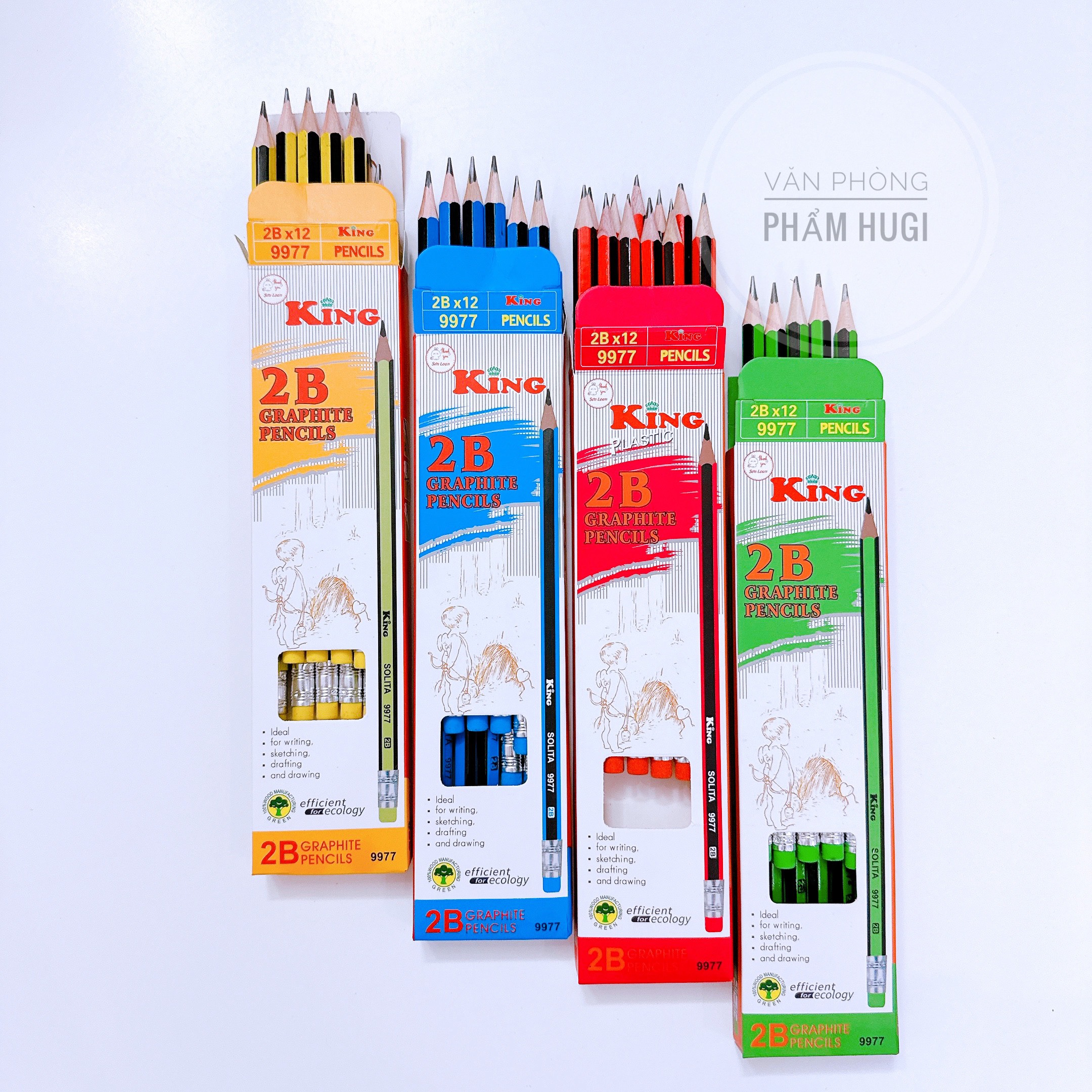 Hộp 12 cây bút chì đen king 9977 ngòi 2b đầu chì kèm tẩy
