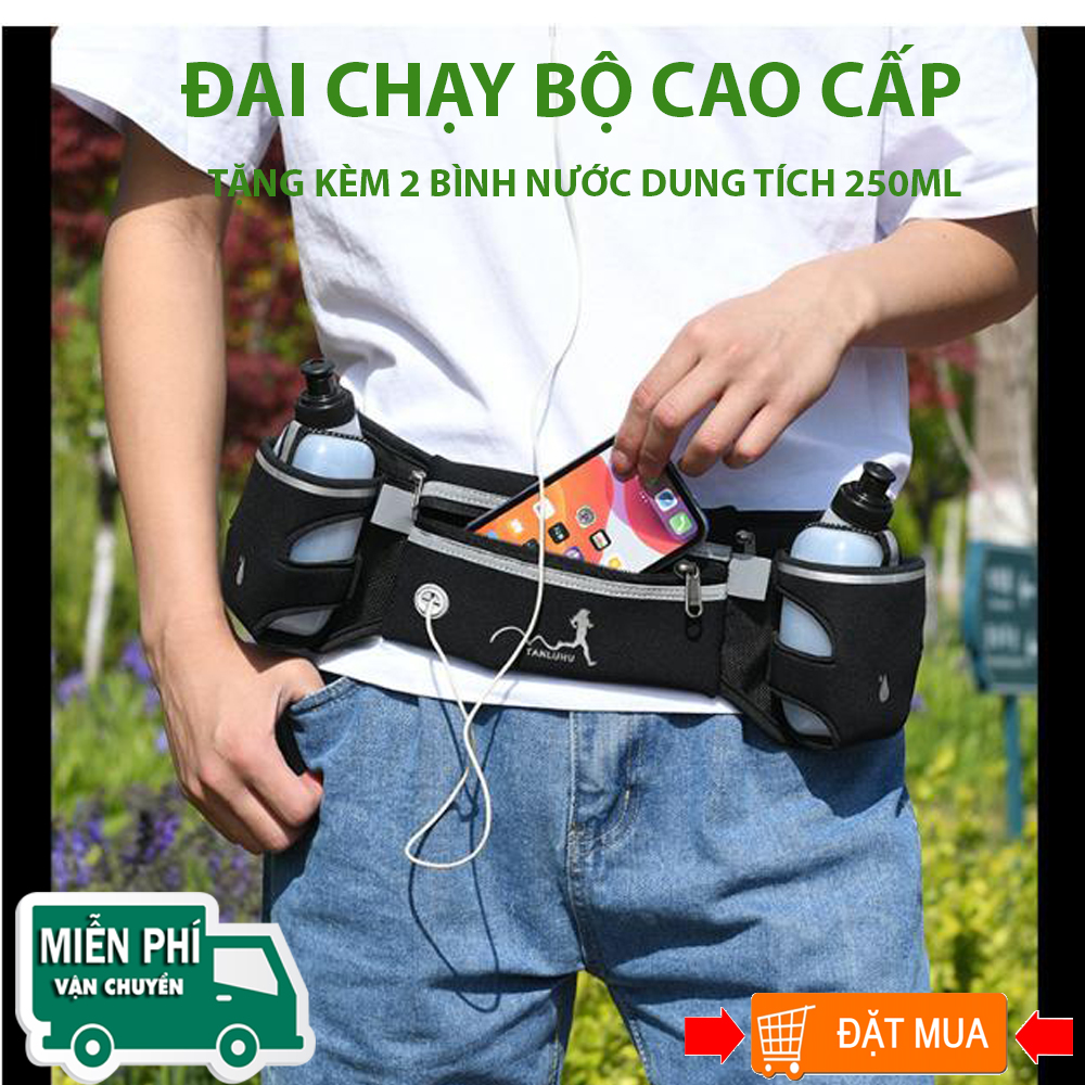 ĐAI CHẠY BỘ TẶNG KÈM 2 BÌNH NƯỚC 250ML; DÂY DÙ CHẮC CHẮN; VẢI THOÁNG KHÍ; NGĂN CHỨA ĐỒ DUNG TÍCH LỚN; CÓ DÃI PHẢN QUANG PHÁT SÁNG BAN ĐÊM; AN TOÀN; CHẮC CHẮN; BH 6 THÁNG