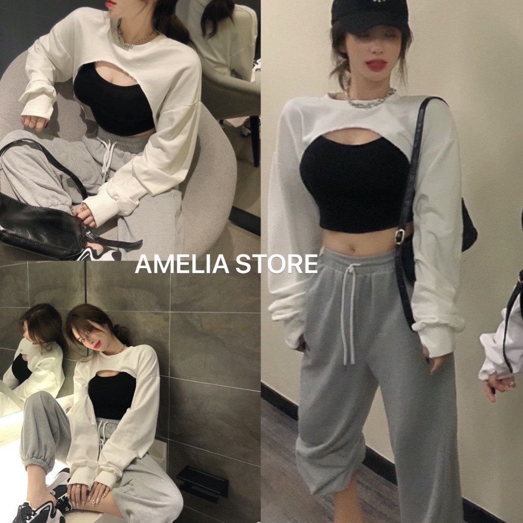 Sét bộ croptop 3 món, sét áo croptop khoét ngực kèm quần jogger xám, sét bộ đồ thể thao nữ unisex, sét bộ đồ hàn quốc, AMELIA, Áo croptop dài tay nữ, áo 2 dây nữ, quần nỉ ống bom, quần nỉ bo ống, áo croptop kiểu