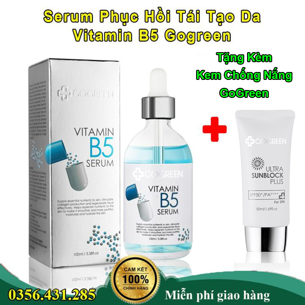 Serum phục hồi, tái tạo da tổn thương GoGreen SERUM VITAMIN B5 (Tặng kèm kem chống nắng GoGreen ) giúp da luôn đều màu. Giảm thâm nám, trị mụn