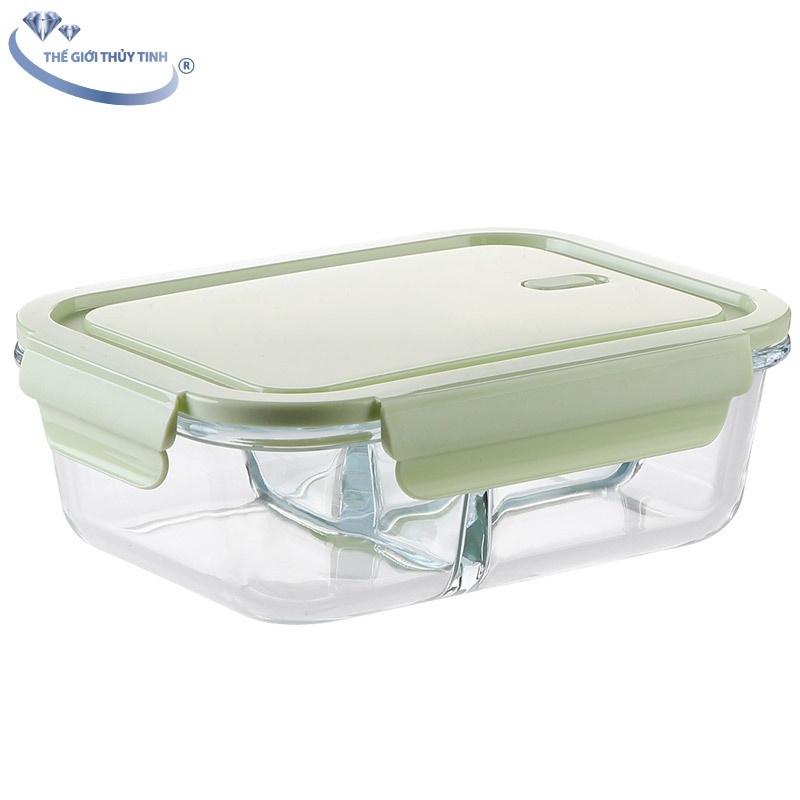 Hộp thủy tinh thố thủy tinh vuông 2 ngăn nắp nhựa cao cấp 1000ml - màu ngẫu nhiên