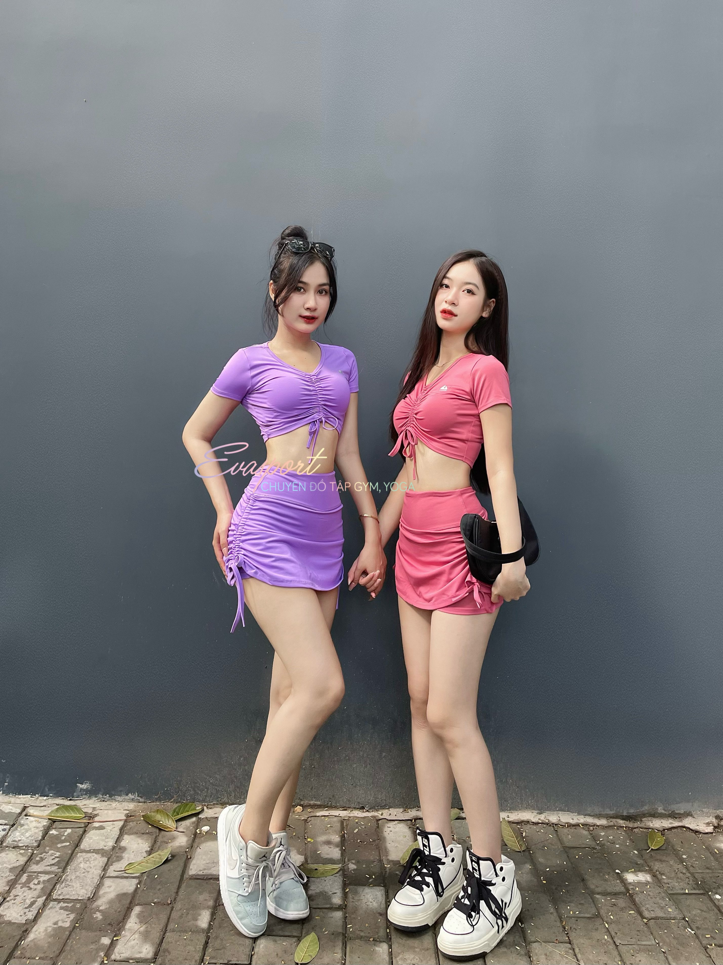 Set Đùi Chân Váy 2 Lớp Rút Dây Áo Croptop Thể Thao Năng Động Tập Gym Yoga Aerobic EVASPORT