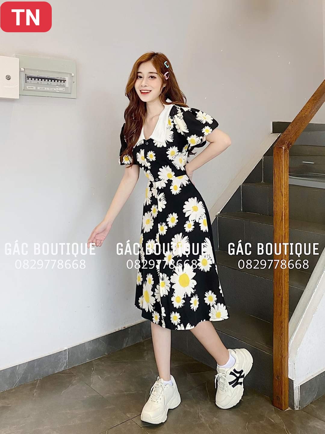 Đầm hoa cúc tay con cổ sen cực đẹp #damhoacuc