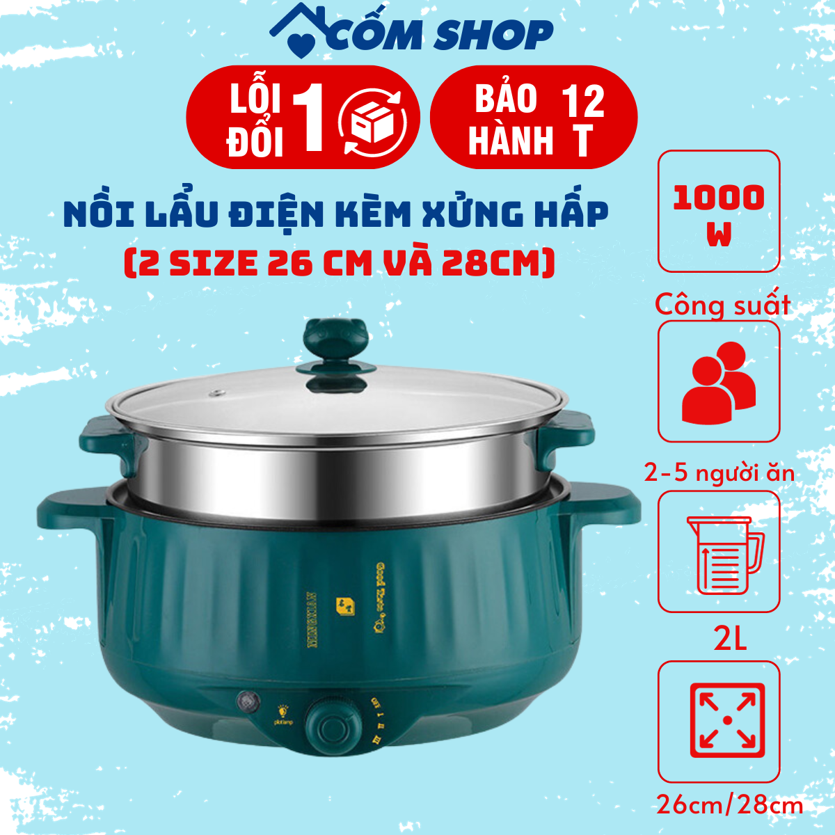 Nồi lẩu điện đa năng chống dính kèm xửng hấp inox thiết kế cao cấp 3 mức công suất nấu