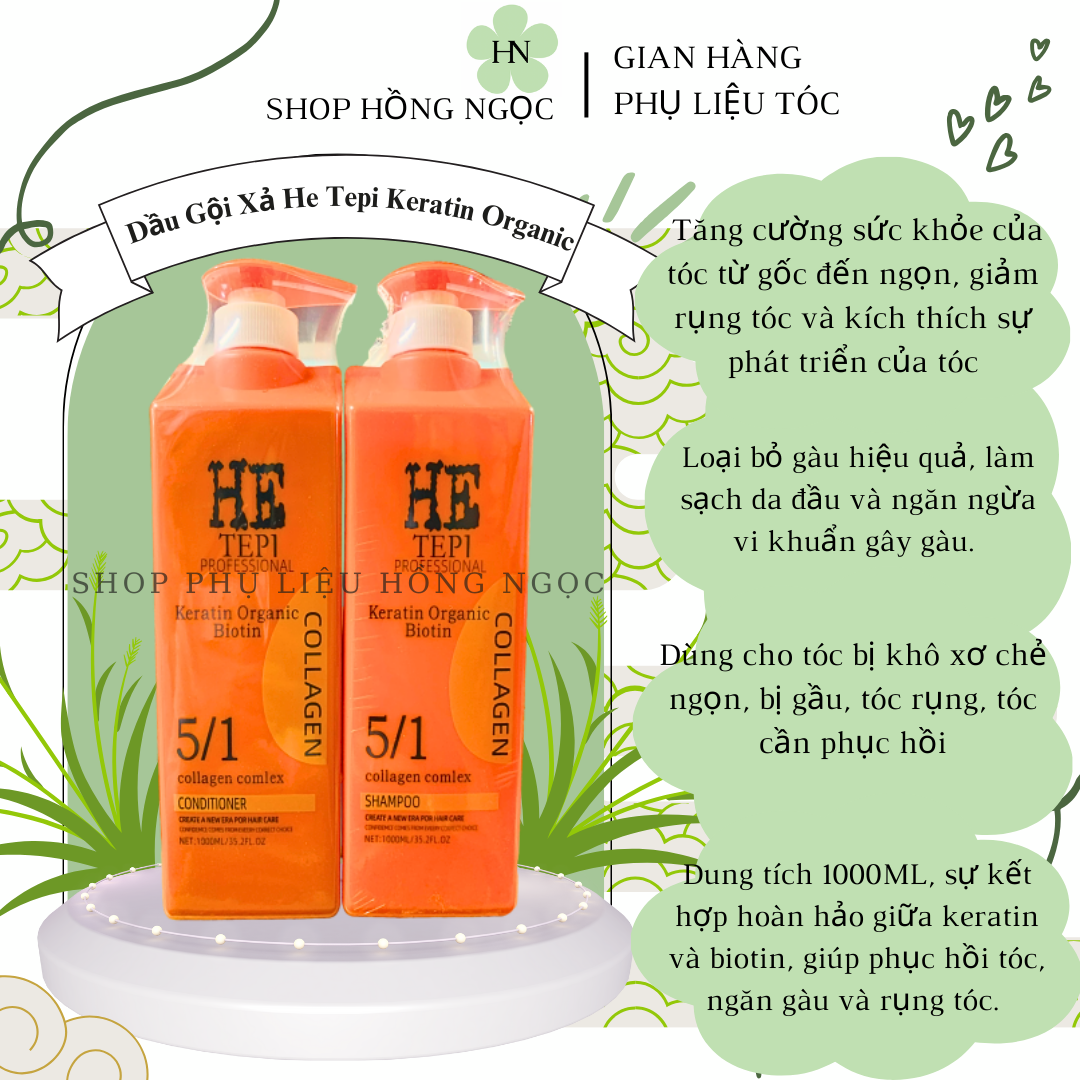 Dầu Gội Xả He Tepi Collagen Keratin Organic Biotin 1000ML - Phục Hồi & Giảm Gàu, Ngăn Ngừa rụng tóc